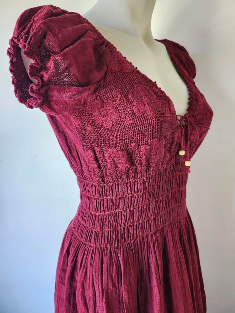 Burgundy Red Long Boho Peasant Dress w Heart Motif & Ruffle Hem